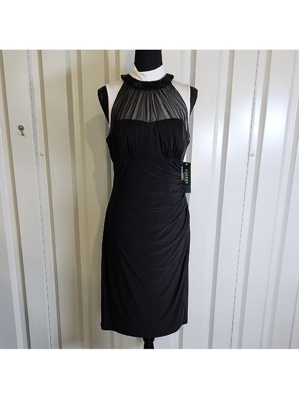 Lauren Ralph Lauren Evening Black Sheer Neck Halter Jersey Midi Dress Sz 10 NWT